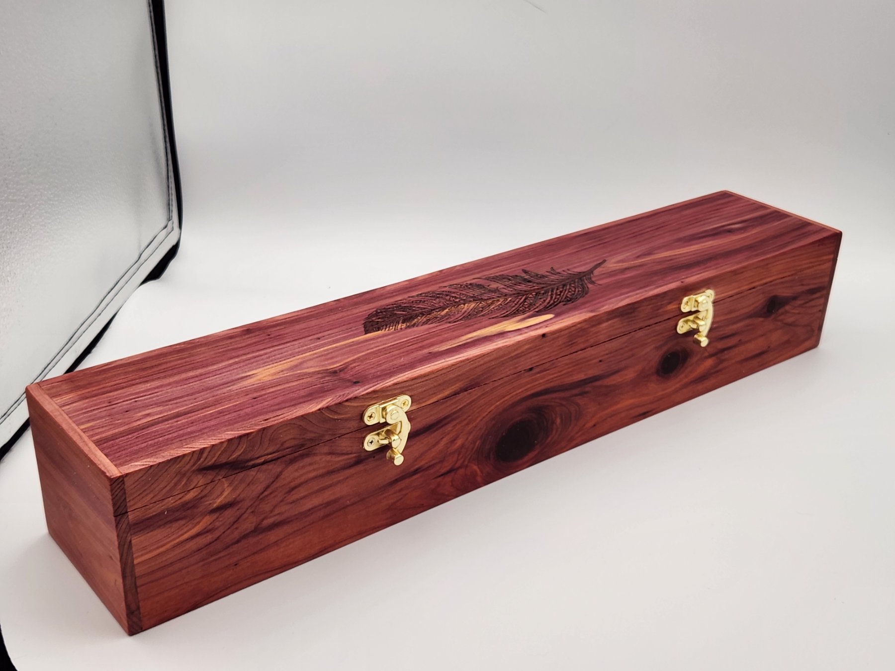 Aromatic Cedar Feather Box Engraved with a Feather, handmade by Shedeck Woodworks